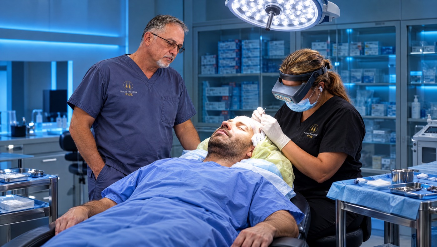 Dr. Val Prokurat, MD, overseeing a hair transplant procedure at Nova Medical Hair Transplant Philadelphia