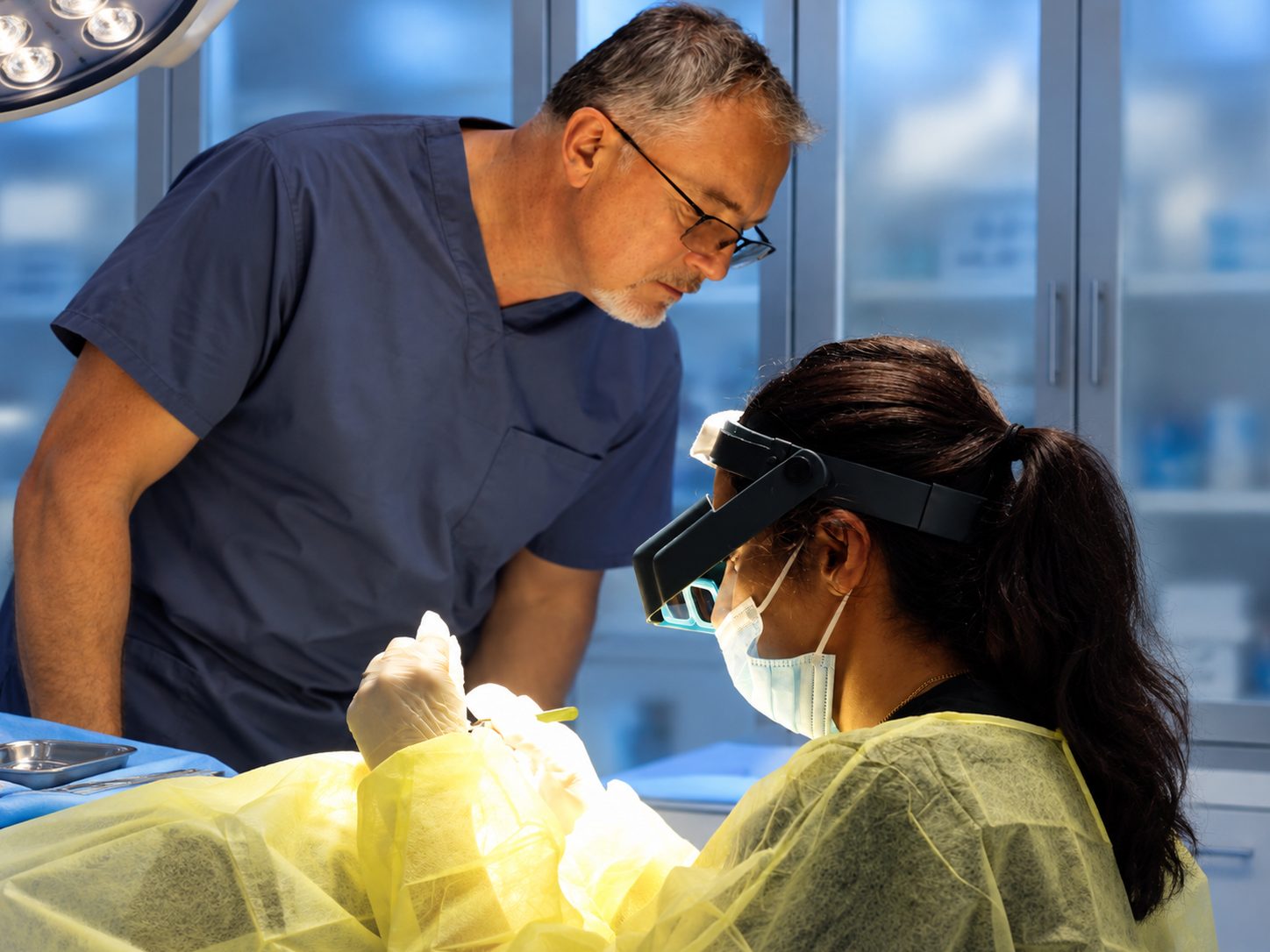 Transplant procedure at Nova Medical Philadelphia, with Dr. Val Prokurat, MD reviewing a technician's graft work