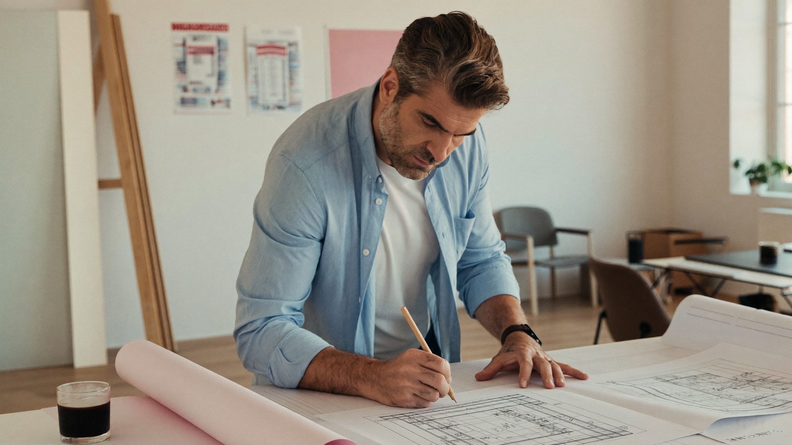 Man with thick hair sketching plans at a drafting table in a bright studio