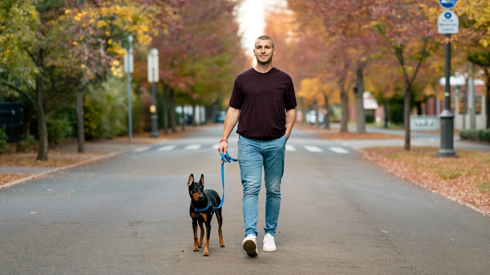 Man with a short buzz cut walking his dog down a tree-lined street in autumn