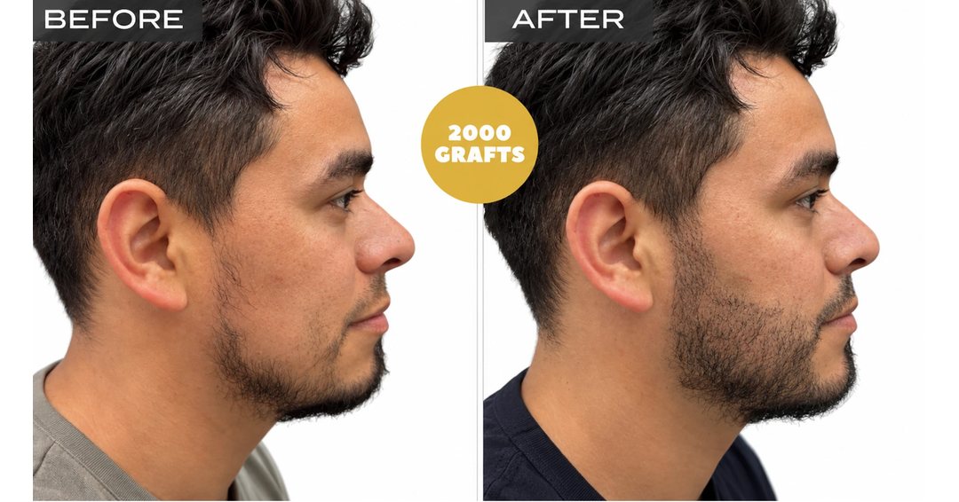 Before and after photo, Nova Medical Philadelphia: Beard transplant filling the cheek and jawline with 2,000 FUE grafts, side view