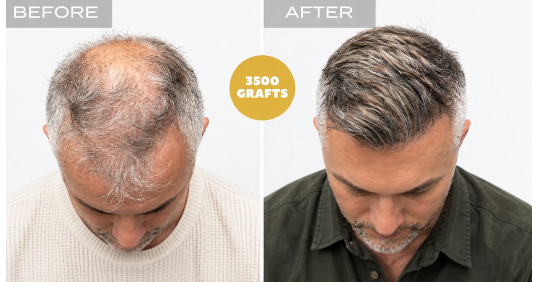 Before and after photo, Nova Medical Philadelphia: Crown and top-of-scalp density restoration with 3,500 FUE grafts