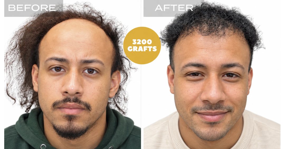 Before and after photo, Nova Medical Philadelphia: Curly hair hairline rebuilt with 3,200 FUE grafts, front view